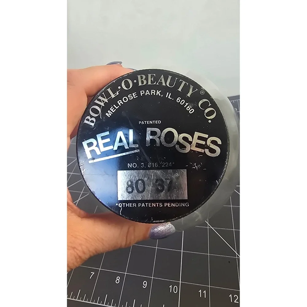 Vintage Bowl-O-Beauty Real Roses Glass Jar Melrose Park IL Black Metal Lid 5in